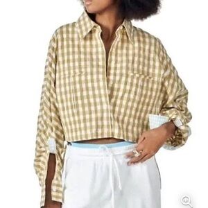 Zara White and Yellow Gingham Cropped Cinched Jacket Shirt